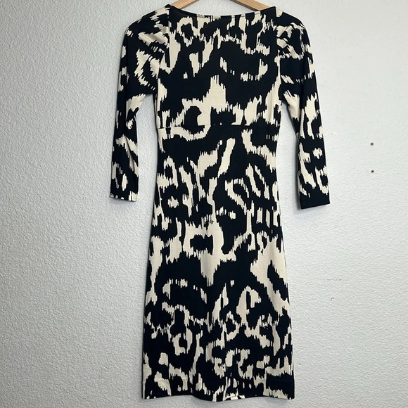 Diane Von Furstenburg Capela 100% Silk Black Cream Sheath Dress Womens Size 4 - Picture 2 of 11